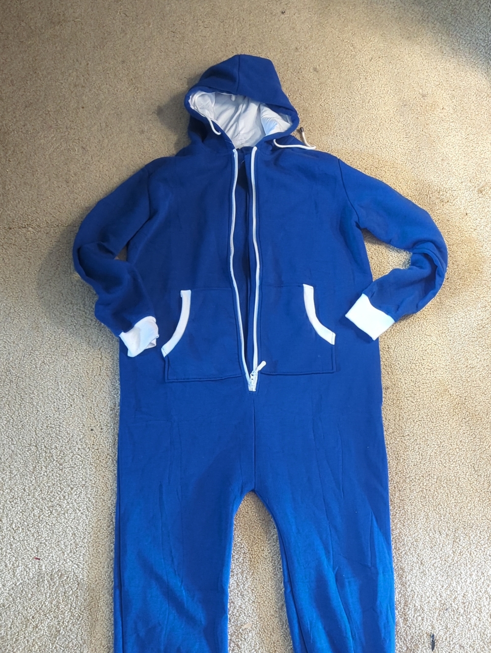 Blue Hooded Onesie with White Trim